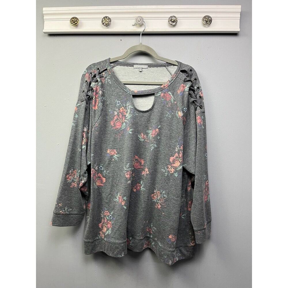 Wit & Wisdom Peasant Blouse Womens Size‎ 2X Gray Floral Lace accent Shoulders